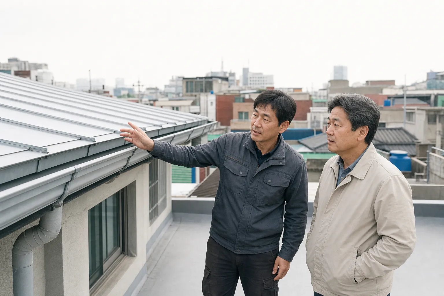 완공된 갈바 지붕과 물받이를 함께 점검하는 건물주와 시공자