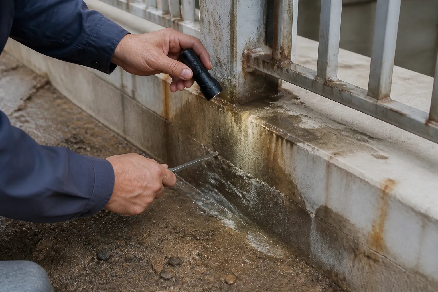 배수구 주변 물자국과 부식 흔적을 검사하는 엔지니어의 손