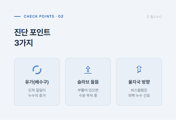 진단 포인트 3가지 - 유가, 슬라브 들뜸, 물자국 방향