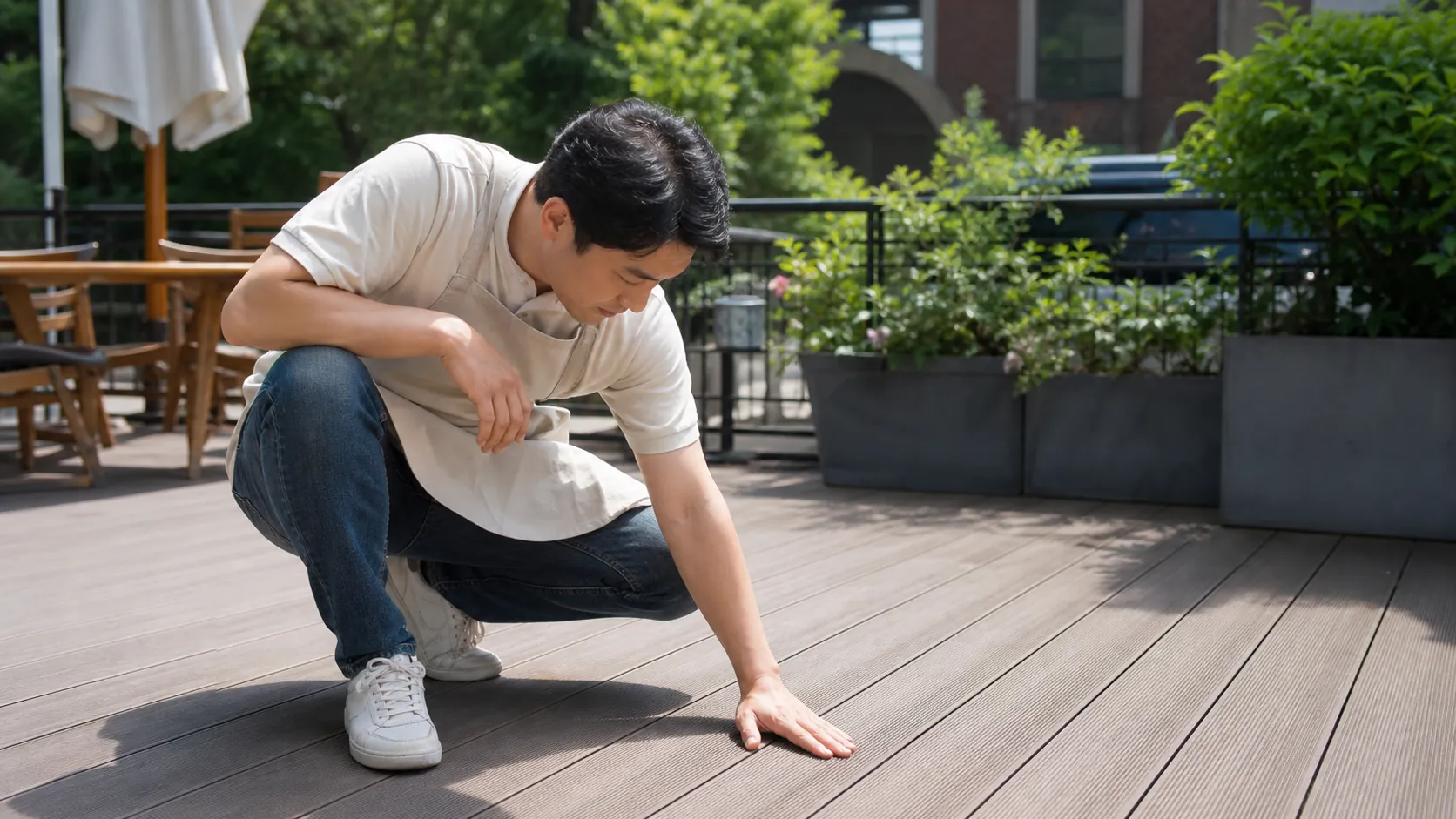 테라스 합성데크 상판 사이 간격을 살펴보는 운영자