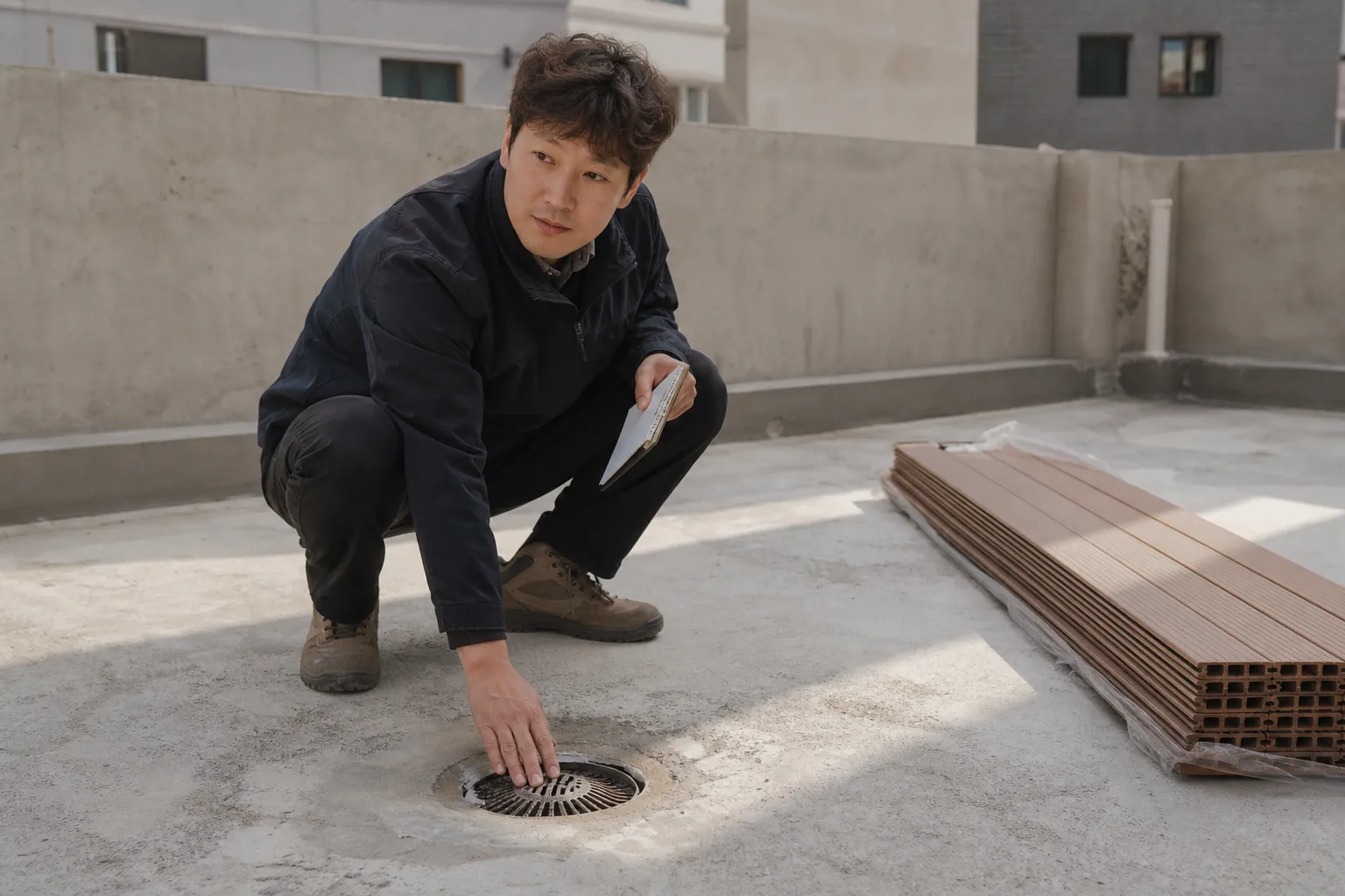 옥상 배수구 상태를 확인하는 시공 전 현장 점검 모습
