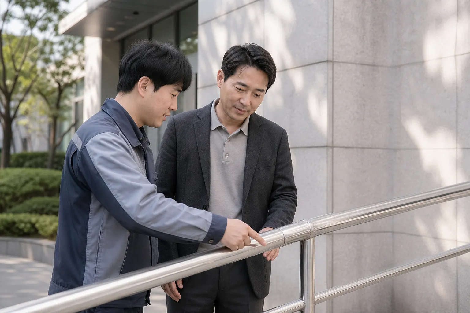 난간 진단을 마치고 결과를 함께 확인하는 담당자들