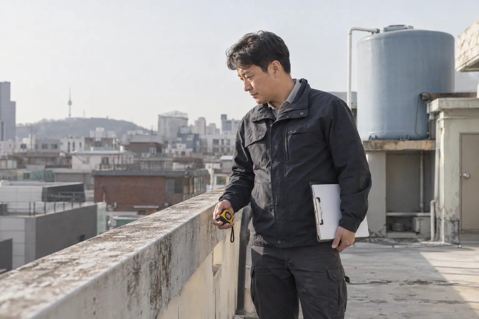 옥상 데크 가장자리에 서서 낮은 난간 너머를 내려다보며 줄자를 손에 든 채 높이를 가늠해 보는 건물 관리인